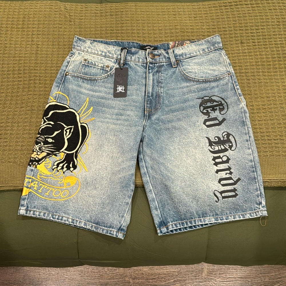 Ed Hardy Blue Jean Shorts with Black and Yellow Design